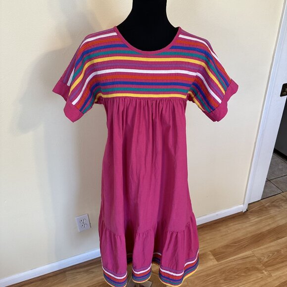 Womens Hot Pink MuMu Housedress Cotton Medium Striped Embroidered Pockets Midi - Picture 6 of 9